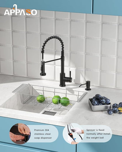 APPASO Black Kitchen Faucet with Soap Dispenser & Pull Down Sprayer | NSF/ANSI/CAN 372 & Lead-free, SUS304 Stainless Steel 3 Modes Faucet for Farmhouse, Bar & RV