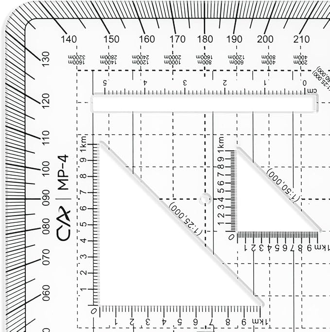 CYA MP-4 10x10cm Square Military Map Protractor - Flexible UTM Scale Tool | Flexible 10x10cm MP-4 map protractor. Features 1mm plastic, 1:25k & 1:50k scales, cutouts & rounded pocket-friendly corners.