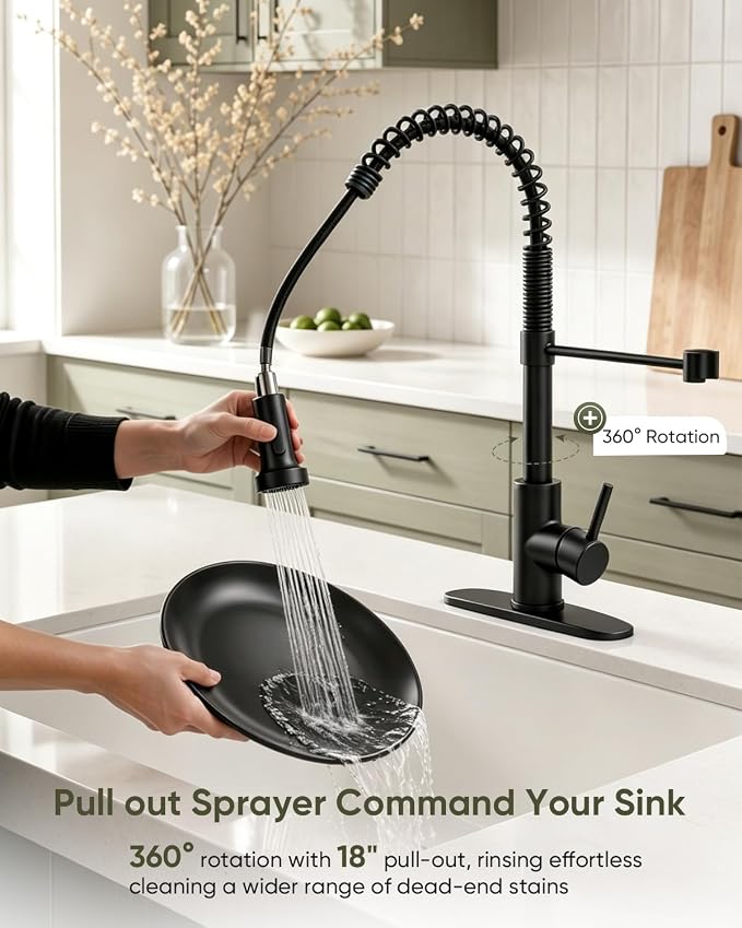 Matte Black Kitchen Faucet with Pull-Down Sprayer — Commercial Spring High-Arc Single-Handle Sink Faucet, Fits 1 or 3 Hole for Farmhouse, Bar, Camper and Laundry Room