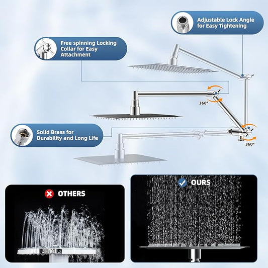 All Metal Rain Shower Head, 8” High Pressure Rainfall Shower Head with Handheld Showerhead, 5" Large Panel Handheld Spray Powerful Clean 10 Modes, 16" Stainless Steel Adjustable Extension Arm, Chrome