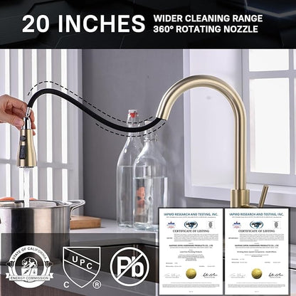 WEWE Gold Kitchen Faucet with Pull Down Sprayer, Single Handle Brushed Gold Kitchen Sink Faucets Stainless Steel Brass Copper Commercial RV 1 or 3 Hole, Champagne Bronze