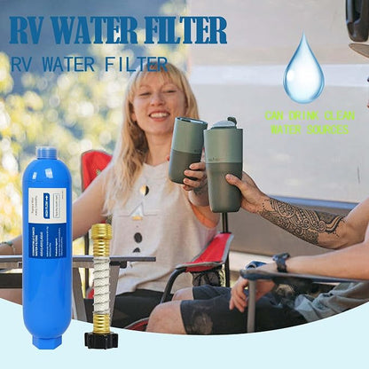2 Pack RV Inline Water Filter with 2 Flexible Hose Protector, Reduce Bad Taste, Odors, Rust, Chlorine, Fluoride and Sediment in Drinking Water, Dedicated for RVs Campers Marines