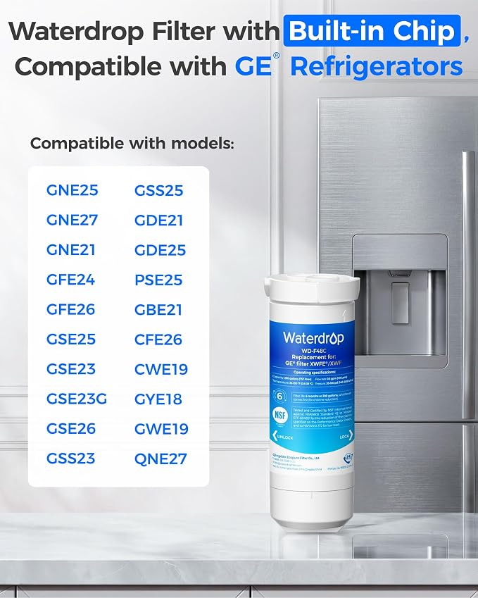 Waterdrop XWFE® Water Filter, Replacement for GE® XWFE®, Built-in Chip | Replacement for GE® XWF, Compatible with GNE27, GFE26, GDE25, GSS25 and PSE25 Series Refrigerators, NSF 42 & 372 Certified