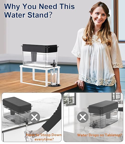 Water Filter Dispenser Stand with Drip Tray - 7.9''W x 14.9''D x 7''H, Metal Stand Designed for Brita Water Filter, Compatible with ZeroWater, PUR, Waterdrop etc - White