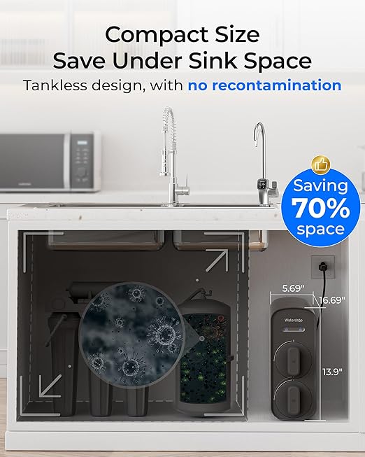 Waterdrop G5P700A Alkaline Mineral pH+ Reverse Osmosis Water Filter, NSF/ANSI 58 & 372 Certified, 700G Reverse Osmosis System, 8 Stage RO Water Filtration System, 2:1 Pure to Drain, Smart LED Faucet