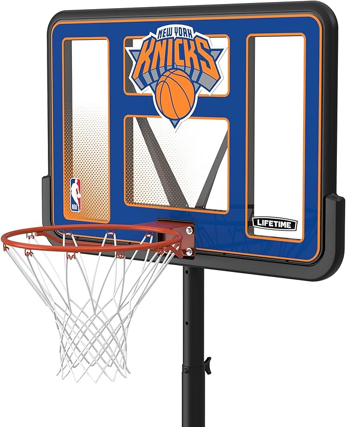 Lifetime NBA New York Knicks Portable Basketball Hoop, Adjustable Height 7.5-10 Ft, 44 Inch Shatterproof Fusion Backboard, Base with Wheels