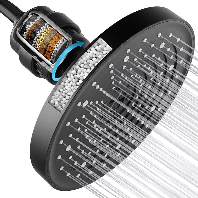 High Pressure Filtered Shower Head Combo with 15-Stage Water Softener Filter Cartridge, Effectively Removes Chlorine & Heavy Metals from Hard Water, Revitalizes Dry Skin and Adds Shine to Hair（Black）