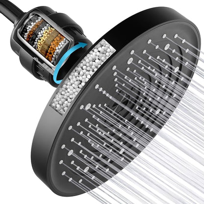 High Pressure Filtered Shower Head Combo with 15-Stage Water Softener Filter Cartridge, Effectively Removes Chlorine & Heavy Metals from Hard Water, Revitalizes Dry Skin and Adds Shine to Hair（Black）