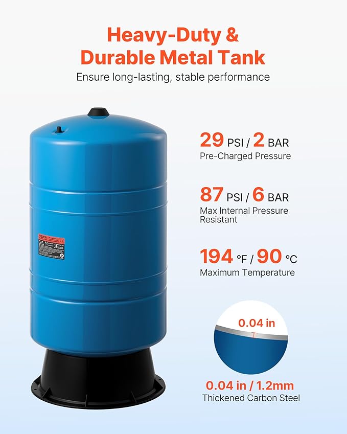 VEVOR 20-Gallon Vertical Well Pressure Tank, Pre-Charged Pressurized Water Tank for Well Pumps, Heavy-Duty Carbon Steel Water Storage Container for Home, School, Farm & Irrigation Systems