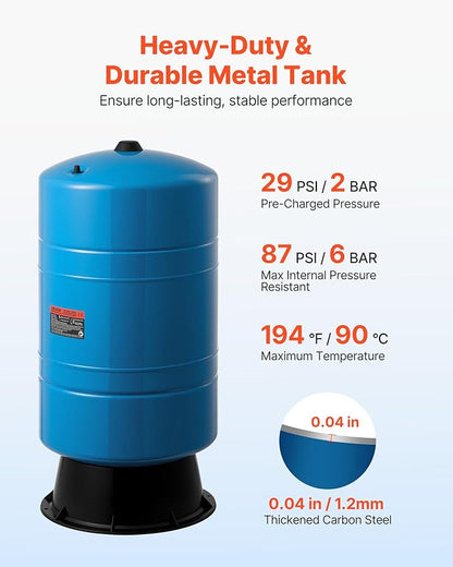 VEVOR 20-Gallon Vertical Well Pressure Tank, Pre-Charged Pressurized Water Tank for Well Pumps, Heavy-Duty Carbon Steel Water Storage Container for Home, School, Farm & Irrigation Systems