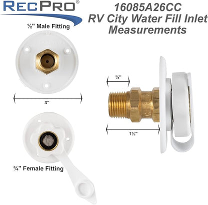 RecPro RV White City Water Fill Inlet Flange Brass with Check Valve | Made in America (No Hose Elbow) (Pack of 2)