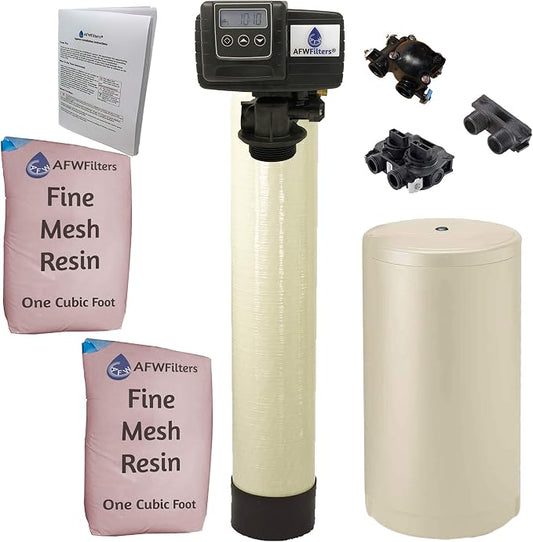 AFWFilters 2 cubic Foot (64k) Whole Home Iron Pro Water Softener with Fine Mesh Resin, 1" Plastic MNPT Connection, and Almond Tanks