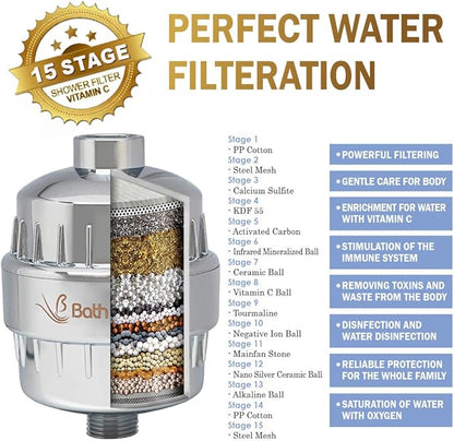 Bath Beyond Shower Filter Vitamin C 15 Stage High Output Water Filter With cartridge for Hard Water - Shower Head Filter Rose Gold