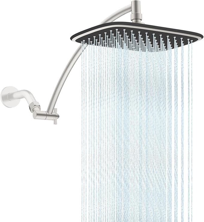 Rain Shower Head with 16" Shower Head Extension Arm, 10" High Pressure Boosting Rainfall/Fixed Showerhead, Metal Shower Head Extender Adjustable Height/Angle, 1-Min Installation, Brushed Nickel