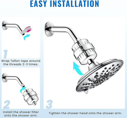 Ryamen Heavy Duty Shower Filter, Shower Water Filter, 99% REMOVAL Shower Head Filter for Hard Water, Heavy Metals, Chlorine (2 Cartridges, Silver)