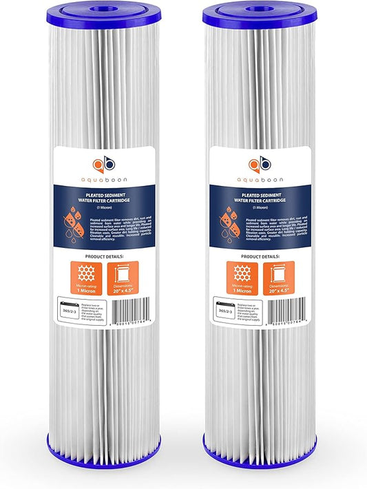 Aquaboon 1 Micron Whole House Pleated Sediment Water Filter Cartridge 20x4.5 Well Filter Replacement Compatible with ECP5-20BB, SPC-45-1005, 2 Pack