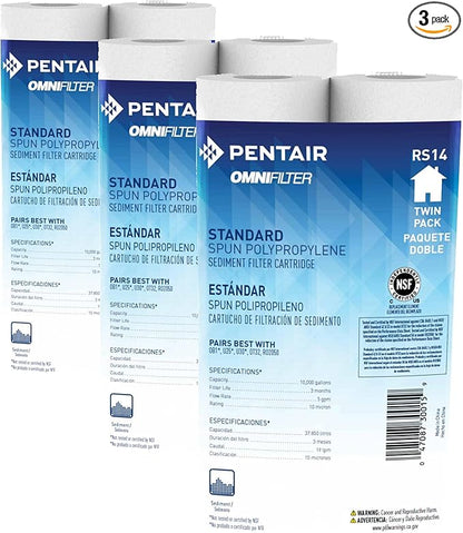 Pentair OMNIFilter RS14 Sediment Water Filter, 10-Inch, Standard Whole House Polypropylene Spun Sediment Replacement Filter Cartridge, 10" x 2.5", 10 Micron, (Pack of 6)