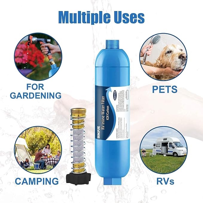 Bringpure 2 Pack RV Inline Water Filter with Flexible Hose Protector | NSF 42/372 Certified, Reduce Chlorine, Odor, Taste, Rust and Fluoride in Drinking Water, Dedicated for RV and Marine