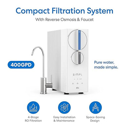 Brio SIMPL Reverse Osmosis Tankless Water Filter System for Clean Drinking Water | 4-Stage Undersink 0.0001 Micron RO Filtration | Reduces PFAS, Dirt, Rust, Chlorine, VOCs & Heavy Metals | 400 GPD
