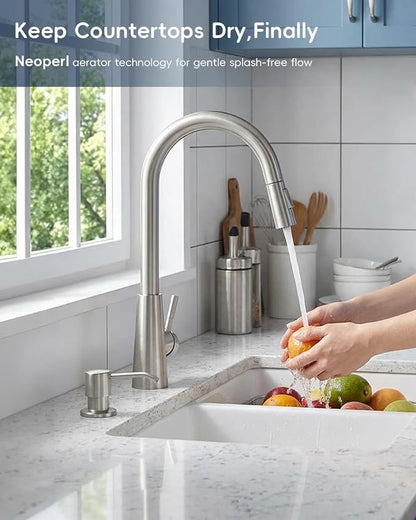APPASO Brushed Nickel Kitchen Faucet with Soap Dispenser and Pull Down Sprayer, 2-Mode S304 Stainless Steel High Arc Faucet with Deck Plate for 1-4 Hole Sink, Lead-Free cUPC Certified