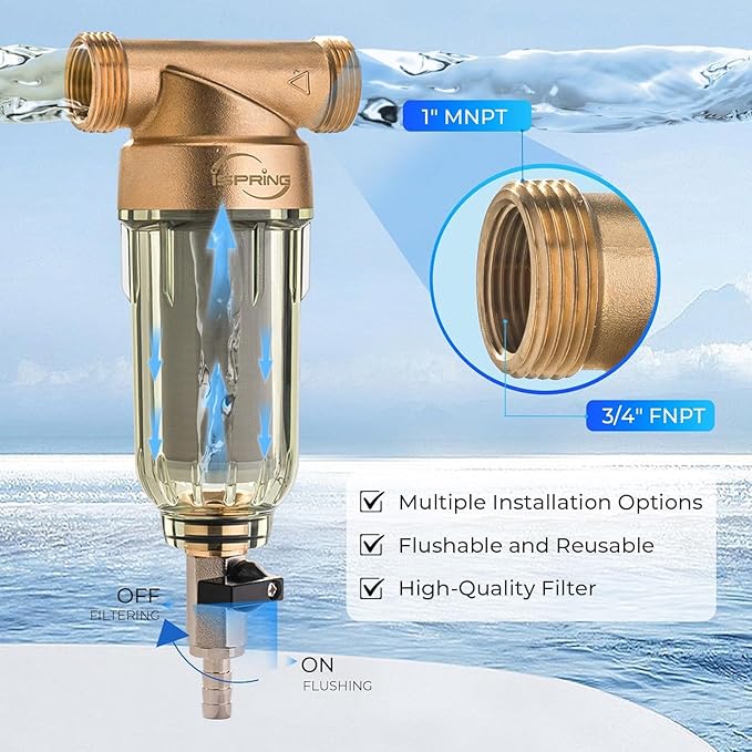 iSpring WSP-200 Spin Down Sediment Water Filter, Whole House Reusable Flushable Prefilter for Well Water, 200-Micron, 1" MNPT + 3/4" FNPT, Lead-Free Brass