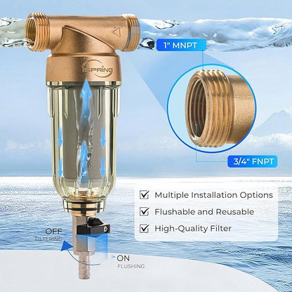 iSpring WSP-200 Spin Down Sediment Water Filter, Whole House Reusable Flushable Prefilter for Well Water, 200-Micron, 1" MNPT + 3/4" FNPT, Lead-Free Brass