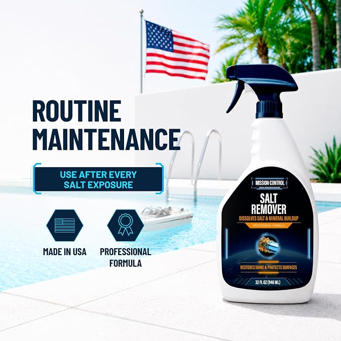 Mission Control 32 oz Salt Remover Spray for Boats, Cars & Pools - Dissolves Salt, Brine, Mineral & Hard Water Buildup on Outdoor Metal & Sealed Floors - Saltwater Residue Cleaner