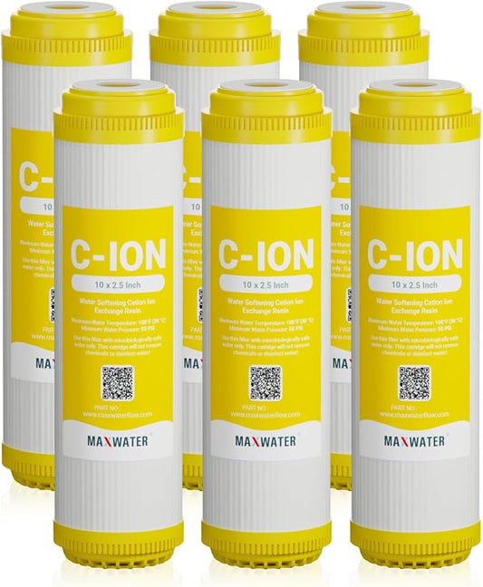 Max Water 10" x 2.5" Cation Resin Water Softener Cartridge, Compatible with AF-10-3003, WS-10, UDF-10C100E, 155319-43 & All 10 Inch Standard Whole House Water Filter Systems (6 Pack)