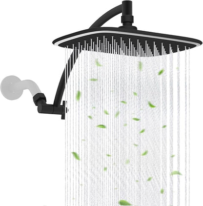 iFealClear Black Rain Shower Head with 12" Shower Extension Arm, 10" High Pressure Boosting Rainfall/Fixed Showerhead, All Metal Shower Arm Extender Adjustable Height/Angle, 1-Min Install-Easy Clean