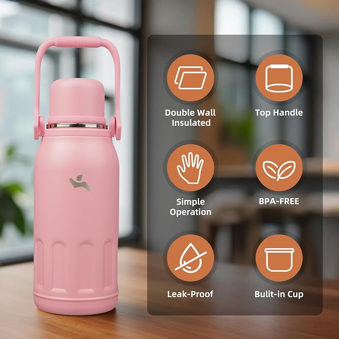 Konokyo Insulated Water Bottle with Handle and Strap,Vacuum Travel Tumbler with Cup Lid,Thermo Coffee Cup for Hot Cold Drinks 40 OZ,Pink