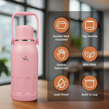 Konokyo Insulated Water Bottle with Handle and Strap,Vacuum Travel Tumbler with Cup Lid,Thermo Coffee Cup for Hot Cold Drinks 40 OZ,Pink