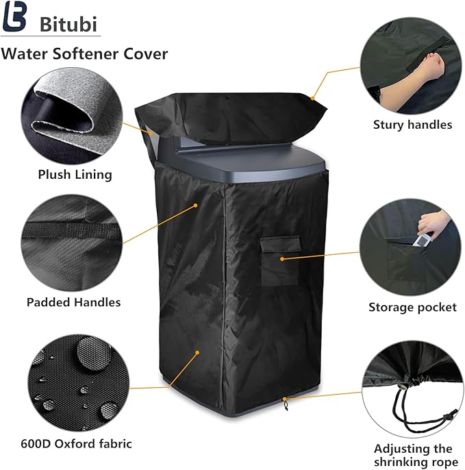 Bitubi Water Softener Insulated Cover for WHES30E/WHES40E Grain Water Softener System with Zipper Opening and Plush Lining, Indoor/Outdoor All Weather Protection 19.5"W x 20.5" D x 47" H, Black