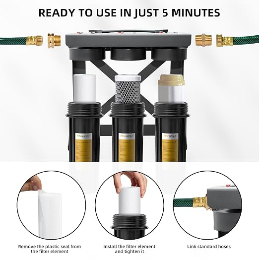 Filterelated Upgraded 3-Stage RV Water Filter w/Bracket, PP+Polyphosphate, Carbon Block & 0.01μm UF, 3/4" Brass Fittings, Reduces Sediment, Chlorine, Metals, Odors – for Camper, Boat, Garden