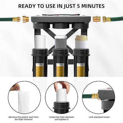 Filterelated Upgraded 3-Stage RV Water Filter w/Bracket, PP+Polyphosphate, Carbon Block & 0.01μm UF, 3/4" Brass Fittings, Reduces Sediment, Chlorine, Metals, Odors – for Camper, Boat, Garden