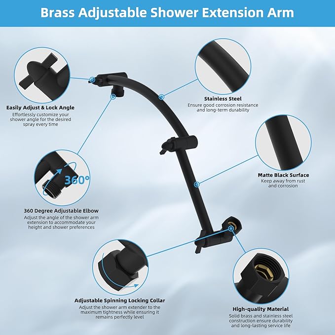Hibbent All Metal cUPC Certified Rain Shower Head, 12'' High Pressure Rainfall Showerhead with 16" Shower Head Extension Arm, Solid Brass Adjustable Shower Arm Extender, fixed Showerheads, Matte Black