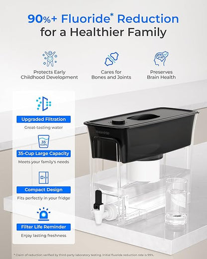 Waterdrop 35-Cup Large Water Filter Dispenser, Fluoride-Reducing, 150-Gallon Long-Life, Reduces Chlorine, PFOA/PFOS and More, BPA Free, Black (with 3 Filters)
