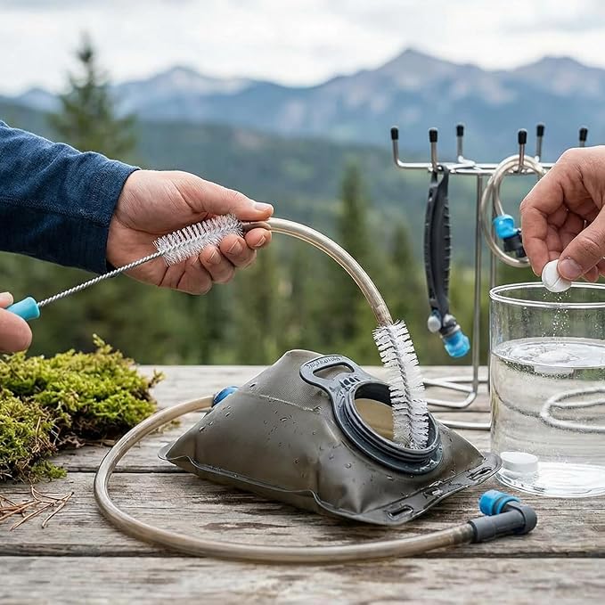 QWORK 4-Piece Hydration Bladder Cleaning Kit - Complete Backpack Reservoir Accessories Set with Brushes, Collapsible Drying Frame & Carrying Pouch