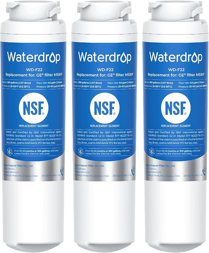 Waterdrop MSWF Refrigerator Water Filter, Replacement for GE® MSWF, 101820A, 101821B, RWF1500A, NSF 42&372 Certified, Pack of 3 (Package May Vary)