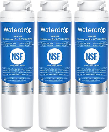 Waterdrop MSWF Refrigerator Water Filter, Replacement for GE® MSWF, 101820A, 101821B, RWF1500A, NSF 42&372 Certified, Pack of 3 (Package May Vary)