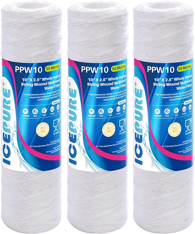 ICEPURE 50 Micron 10" x 2.5" String Wound Sediment Water Filter Cartridge for Well filter Universal Replacement for Any 10 inch RO Unit, WP-5, Aqua-Pure AP110 CFS110 Culligan P5 WFPFC4002 CW-MF, 3PACK
