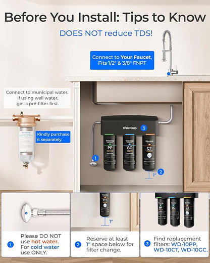 Waterdrop TSA 8 Layer Under Sink Water Filter System, Under Sink Water Filtration System, Reduces PFAS, PFOA/PFOS, Fluoride, Chlorine, Bad Taste & Odor, NSF/ANSI 42 Certified Element, USA Tech