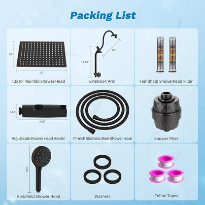Hibbent Dual Filter All Metal 12" Rainfall Showerhead Combo, High Pressure Filter Shower Head with 10-Spray Handheld, 4-way Diverter with Pause Mode, 71'' Shower Hose and Holder, Oil Rubbed Bronze