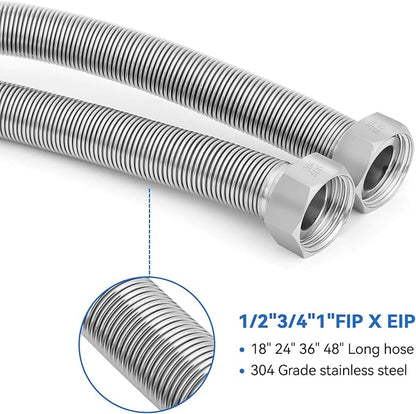 24 Inch Flexible Stainless Steel Corrugated Water Heater Connector Kit,3/4" FIP x 3/4" FIP,304 Stainless Steel Flexible Line & EPDM Seal Rings for Tankless Water Heater,Water Softener,RV,Boiler(2PCS)