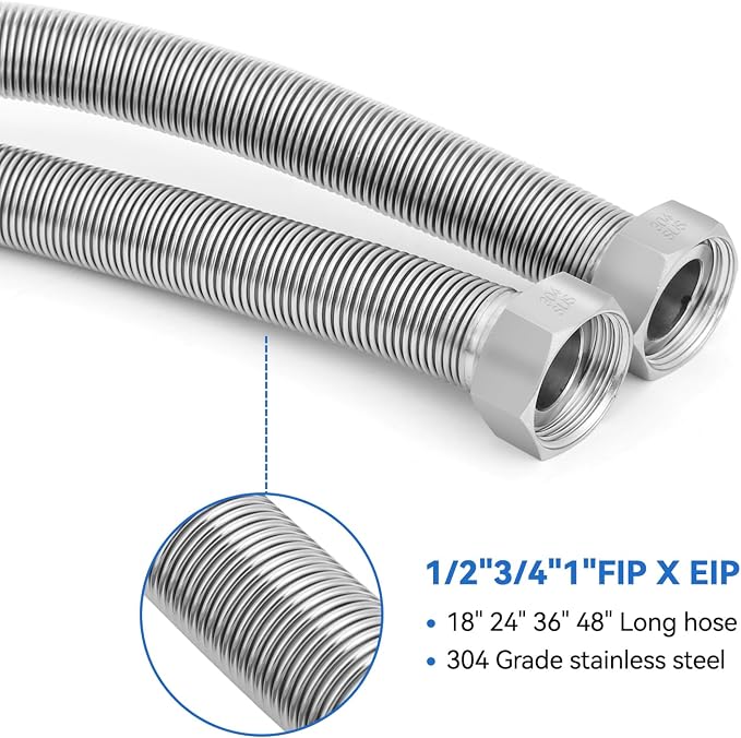 24 Inch Flexible Stainless Steel Corrugated Water Heater Connector Hose,1" FIP x 1" FIP,304 Stainless Steel Leak-Proof Flexible Line for Tankless Water Heater,Water Softener,RV, Boiler(2PCS)