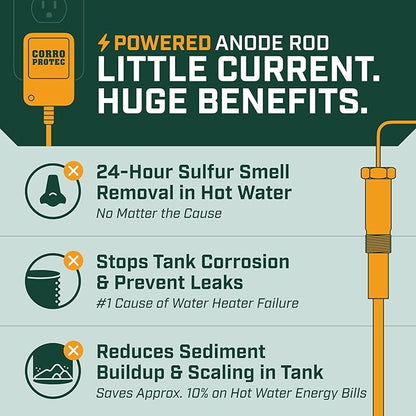 Corro-Protec Powered Anode Rod for Water Heater, 20-Year Warranty, Eliminates Rotten Egg/Sulfur Smell within 24 hours, Stops Corrosion and Reduces Limescale, Electrical Anode Rod Made of Titanium