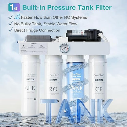 SimPure T2-600A Alkaline Reverse Osmosis Water Filter System, NSF/ANSI 58 Certified, Built-in Pressure Tank Filter, UV, 600 GPD 8 Stage RO Filtration with Mineral, 2:1 Pure to Drain Ratio