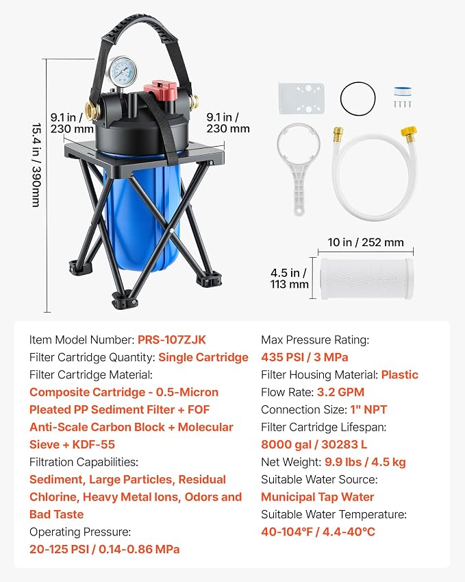 VEVOR RV Water Filter System for Campers, RVs & Travel Trailers, 4.5 x 10 in 0.5-Micron Filter with Cartridge & Bracket, Reduces Sediment, Chlorine, Taste & Odors
