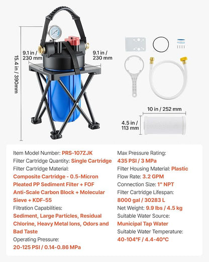 VEVOR RV Water Filter System for Campers, RVs & Travel Trailers, 4.5 x 10 in 0.5-Micron Filter with Cartridge & Bracket, Reduces Sediment, Chlorine, Taste & Odors