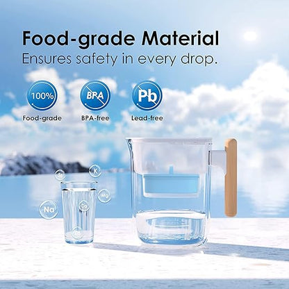 Waterdrop PT-04C-A Alkaline Water Filter Pitcher, 10-Cup Capacity, Healthy, Clean & Toxin-Free Mineralized Alkaline Water, Up to pH 9.5, BPA-Free, 100 Gallons, Sturdy Wooden Handle, Clear