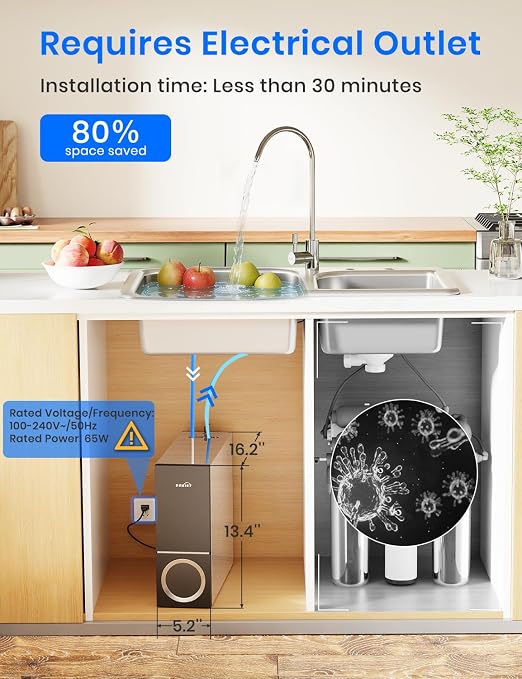 600 GPD Tankless Reverse Osmosis System, 7-Stage Under-Sink Water Filter, TDS Dispaly and Filter Life Reminder, 2:1 Pure-to-Drain, Plug-in for Home, Kitchen, and RV